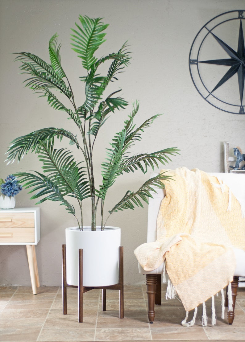 Mid century modern planter - wood plant stand - Large Ceramic Cylinder Pot 13'' - Plant Stand With Pot - Dark Walnut