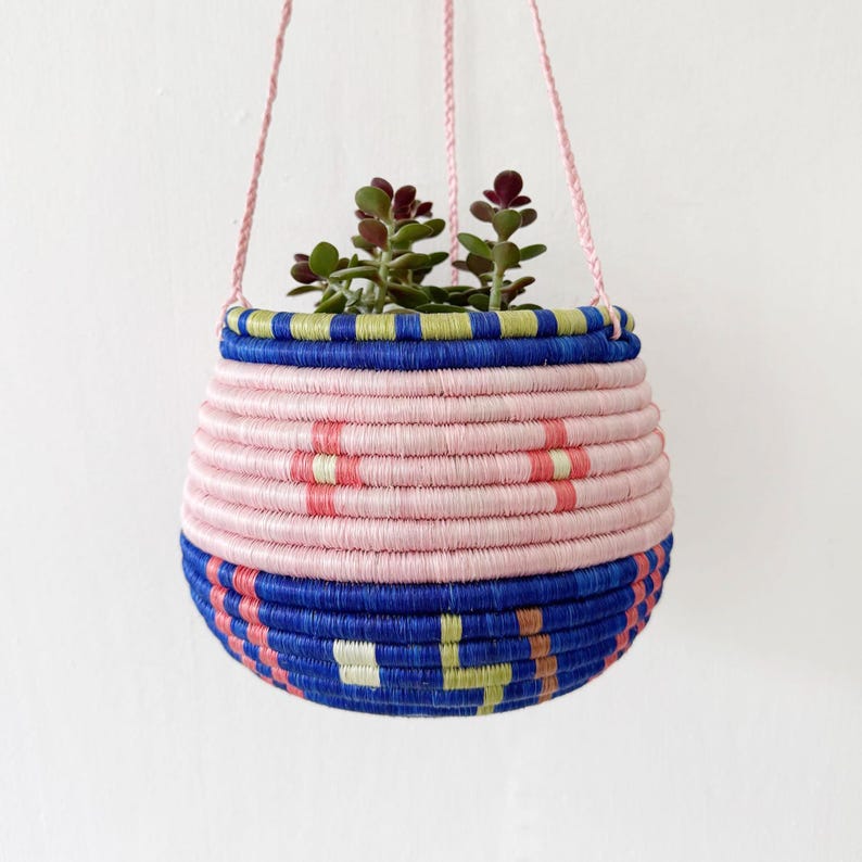 Hanging Woven Planter: Ibamba // African Rwanda Plant Basket // Sisal & Sweetgrass // Pink, Blue, Green