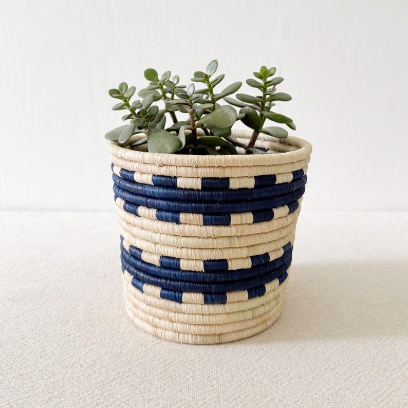 African Storage Basket: Gihanga // Rwanda Planter Basket // Raffia & Sweetgrass // Natural, Blue