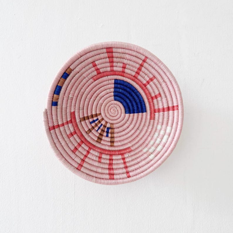Small African Basket- Ikali // Rwanda Wall Basket // Sisal & Sweetgrass Woven Bowl // Pink, Blue, White, Brown