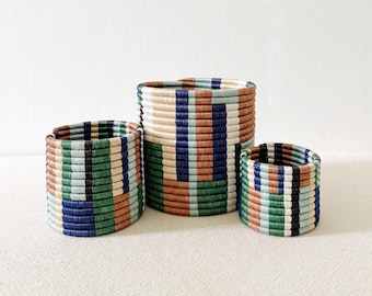 African Storage Plant Basket: Shonga // Rwanda Kiondo Basket // Sisal & Sweetgrass // Blue, Green, Multicolor