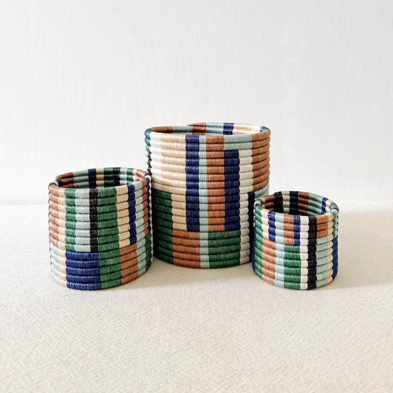 African Storage Plant Basket: Shonga // Rwanda Kiondo Basket // Sisal & Sweetgrass // Blue, Green, Multicolor