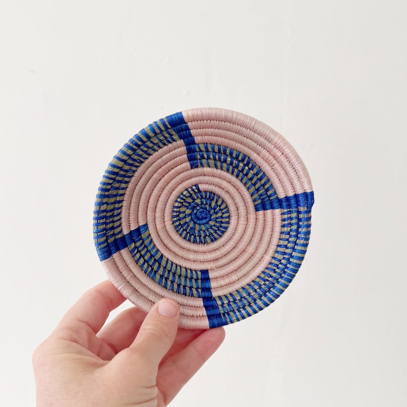 Mini African Basket: Kamina, Sisal & Sweetgrass Woven Key Bowl - Pink and Blue