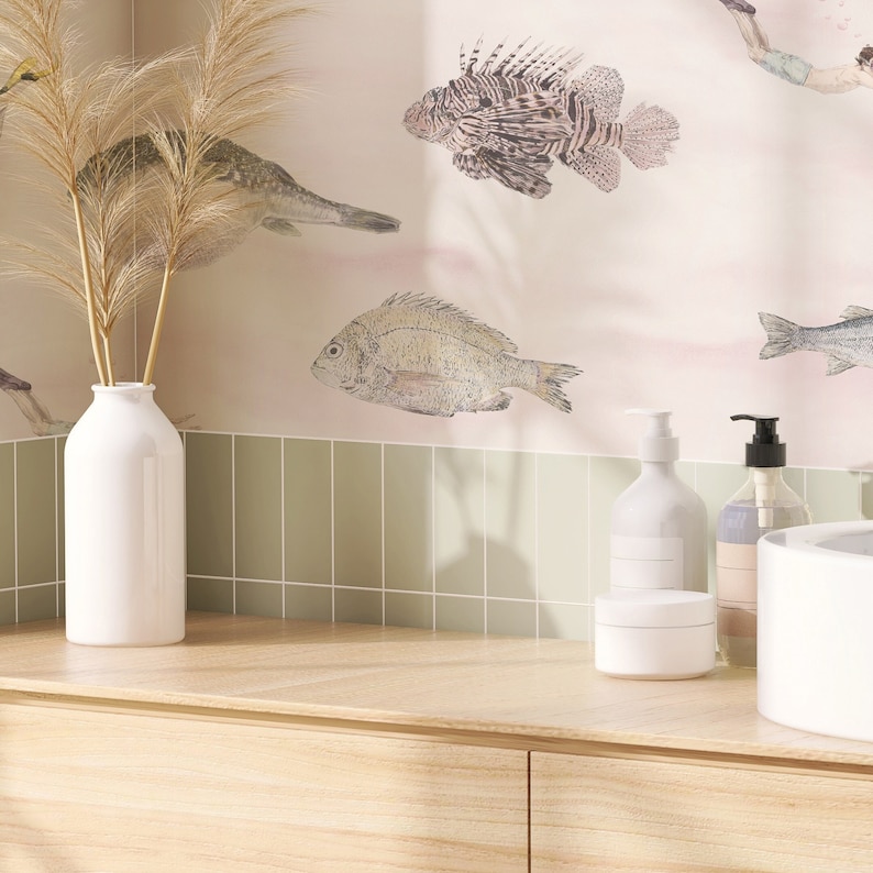 Fish Wallpaper Pink, Under the Sea Wallpaper, Bathroom Wallpaper, Ocean Wallpaper, Bathroom Decor, Bathroom Wall Decor, Pink Wallpaper