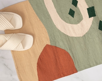 Funky Bathroom Rug Bathmat Set | Colorful Bath Mat Shower Runner | Flatwoven Handcrafted Bathroom Decor | Lime Cream Camel Beige Washable