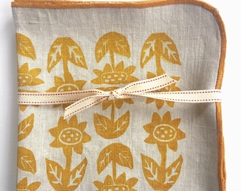 Hand Printed Sunflower Linen Napkins, Mustard Yellow, Set of 4 or 6