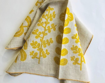Floral Linen Tea Towel: Yellow Folk Flower Print, Handmade