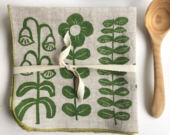Linen Cloth Napkins Set, Scandinavian Floral Design