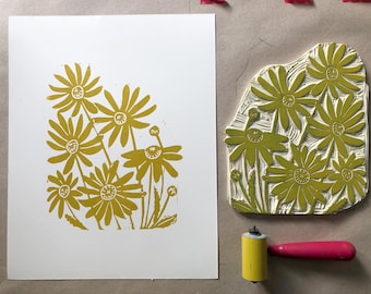 Hand Printed Daisies Floral Blockprint, Yellow Flower Wall Art