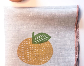 Hand Printed Linen Napkins: Orange, Tangerine Citrus Design