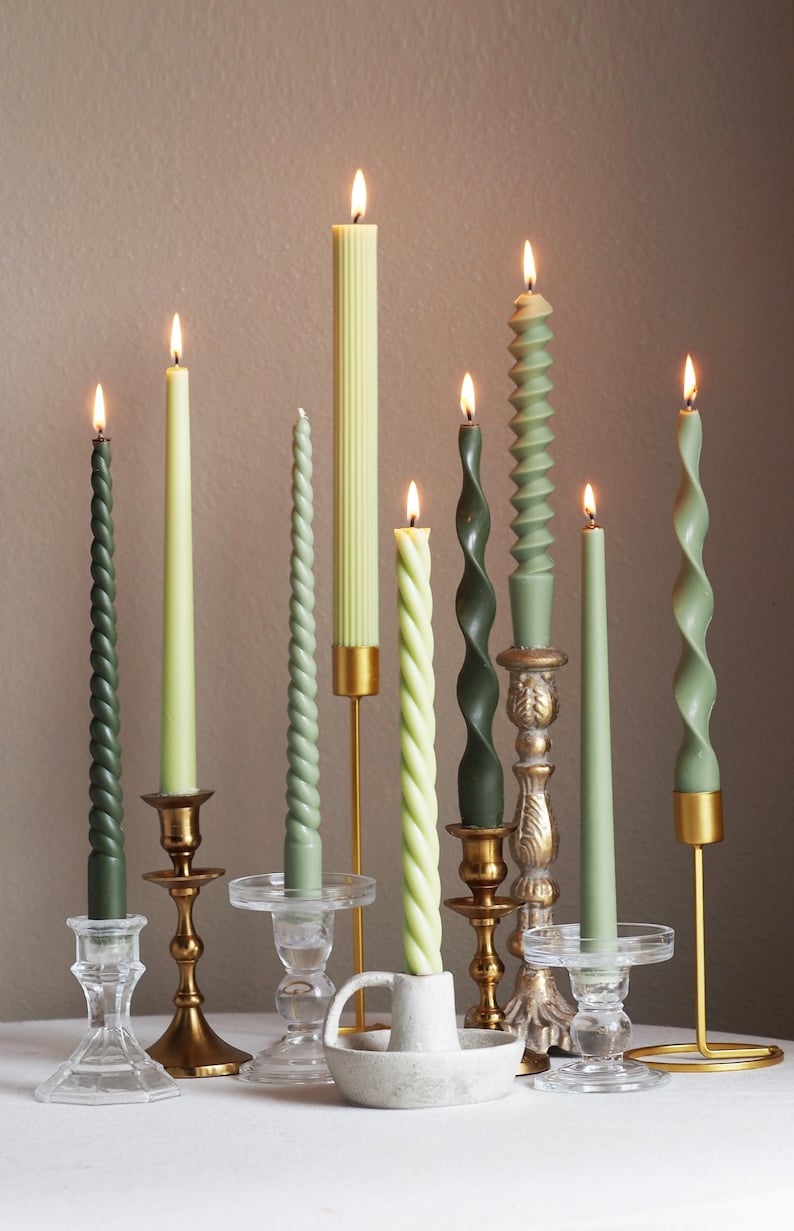 Spring Green Taper Candle Collection: Soy & Beeswax, Unscented, Twisted and Ribbed Candles, Handmade
