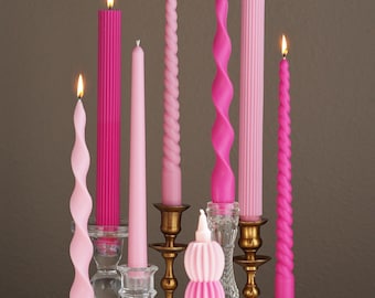 Handmade Pink Taper Candle Collection: Soy & Beeswax, Unscented, Twisted Ribbed Candle