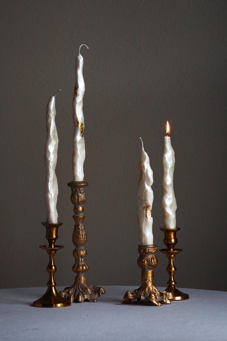 Handcrafted Sculptural Irregular Baroque Pearl Taper Candles with Gold Leaf Accents – 100% Natural Soy Wax Beeswax Blend ( 1 candle )