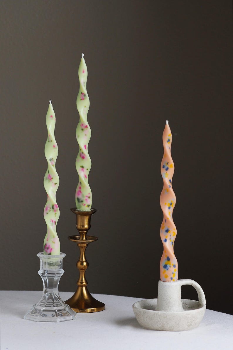 Handcrafted Spring Garden Floral Seaweed Twisted Soy Beeswax Taper Candle (Pair), 8.75 inches