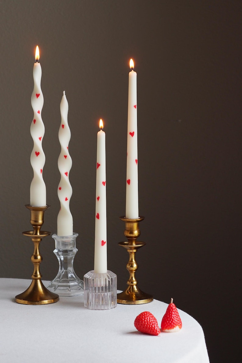 Handcrafted Heart Inlay Taper Candles: Soy & Beeswax, Unscented (Pair)