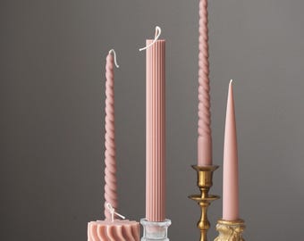 Handmade Dusty Rose Candle Collection: Soy & Beeswax, Twisted Ribbed Candle