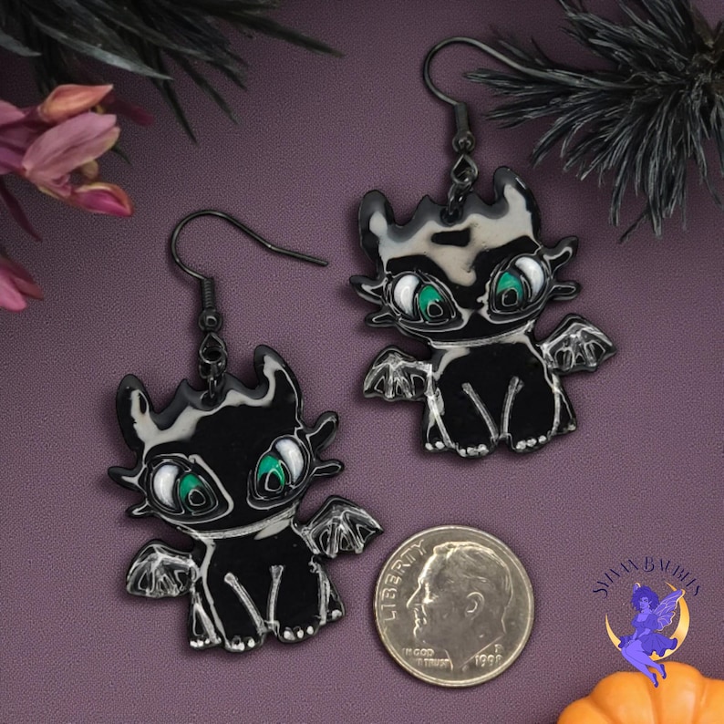 Handmade Black Dragon Polymer Clay Earrings, Fantasy Statement Jewelry