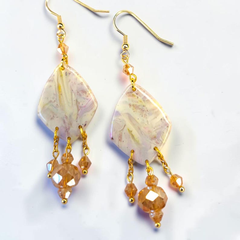 Soft Ivory & Blush Chandelier Earrings | Handcrafted Polymer Clay with Pink Gold Accents
