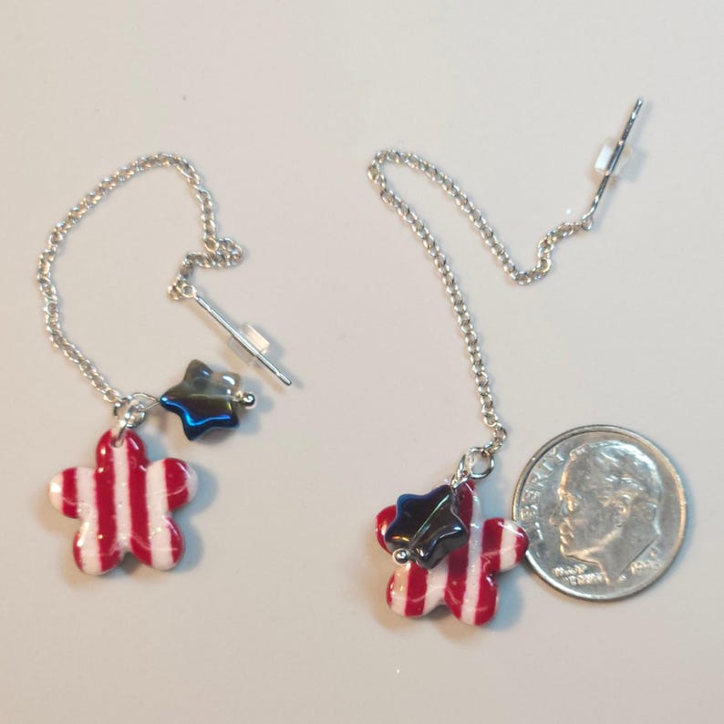 Handmade Polymer Clay Patriotic Threader Earrings | Red White Blue Stars, Fourth of July Jewelry