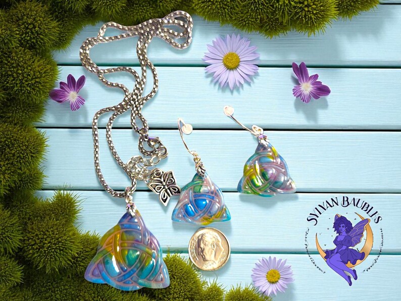 Handcrafted Pastel Celtic Triquetra Jewelry Set – Polymer Clay Trinity Knot Earrings Necklace