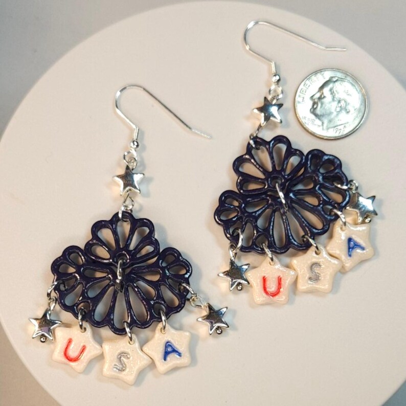 Patriotic Chandelier Earrings, USA Statement Earrings, Fourth of July Jewelry, Handmade Polymer Clay