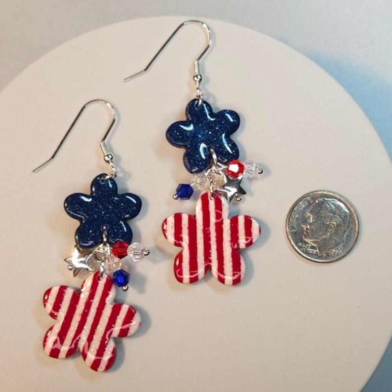 Handmade Patriotic Star-Spangled Wildflowers Earrings | Red White Blue Polymer Clay Jewelry