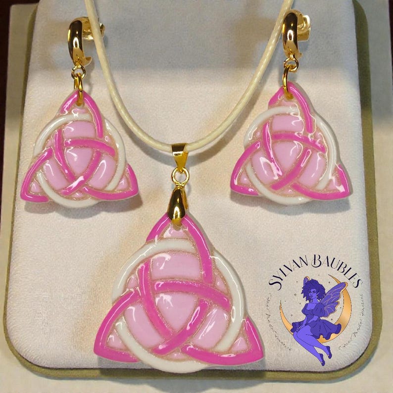 Pink & Ivory Triquetra Necklace and Earrings Set | Celtic Knot Jewelry
