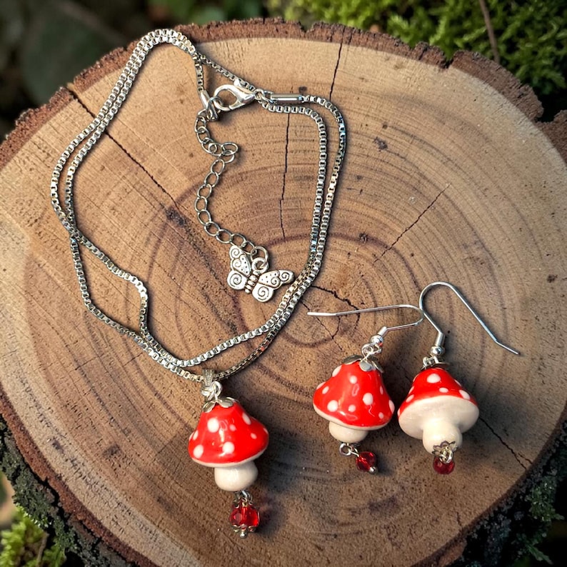 Mushroom Jewelry Set, Cottagecore Necklace and Earrings, Woodland Fairy Toadstool Pendant, Amanita Style