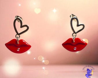 Ruby Red Lip Earrings – Handmade Polymer Clay Heart Studs