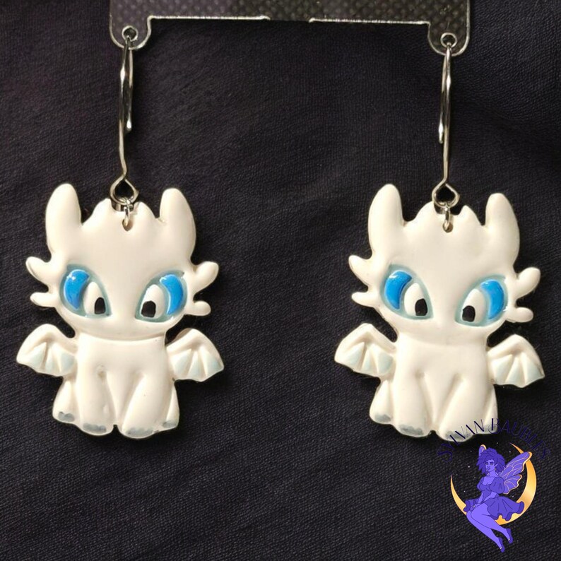 White Dragon Polymer Clay Earrings, Blue Eyes, Lightweight Fantasy Jewelry