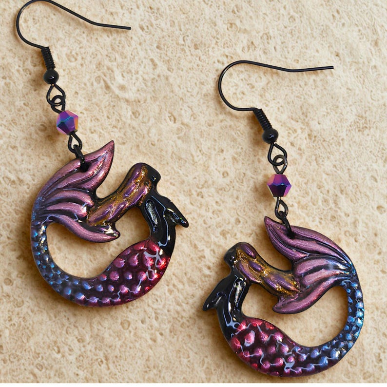 Mermaid Earrings | Handmade Polymer Clay Mermaid Jewelry | Fantasy Ocean Dangle Earrings | Iridescent Mermaid Gift | OOAK