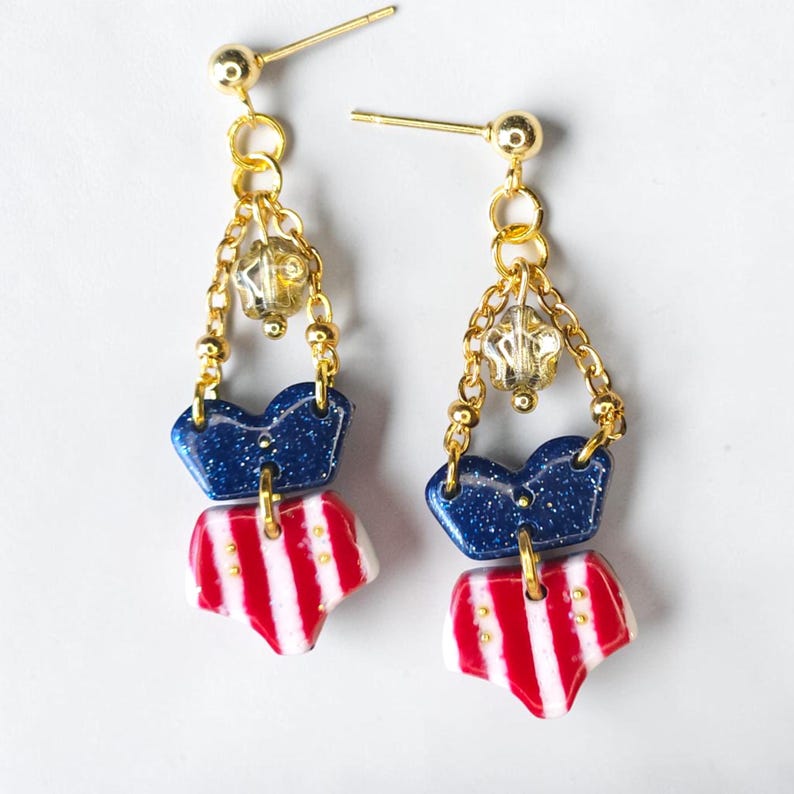 Red White Blue Bikini Earrings | Polymer Clay Patriotic Jewelry (Gold Star Bead)