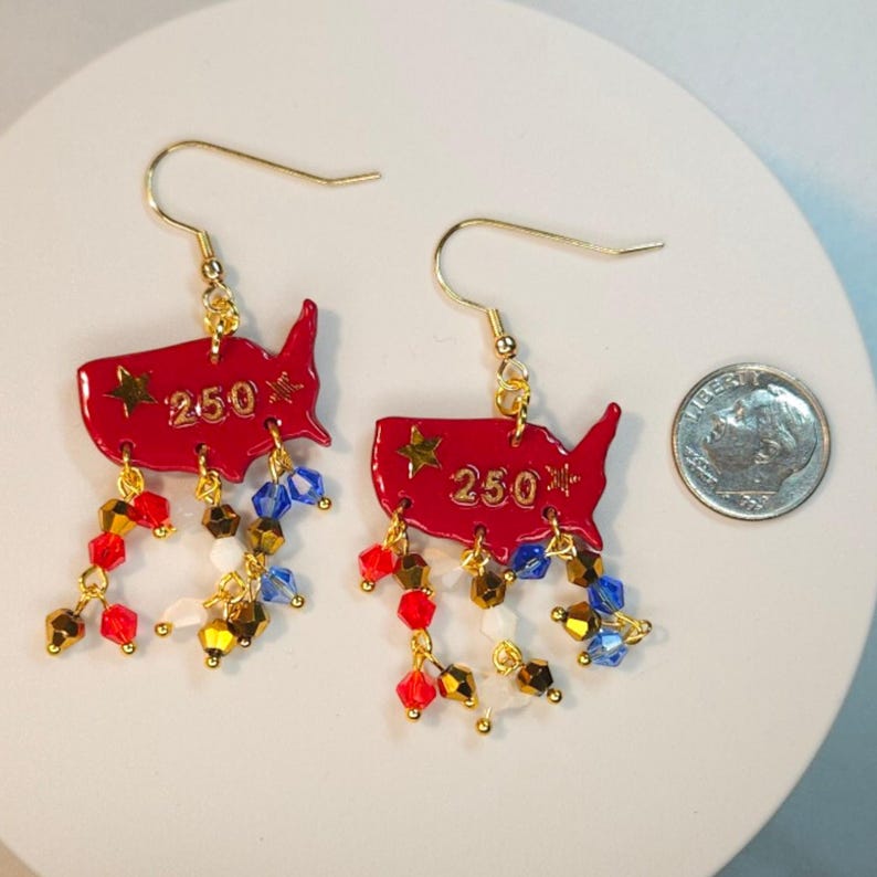 Handmade Polymer Clay USA Map Earrings | Red Blue Gold Stars (America 250)