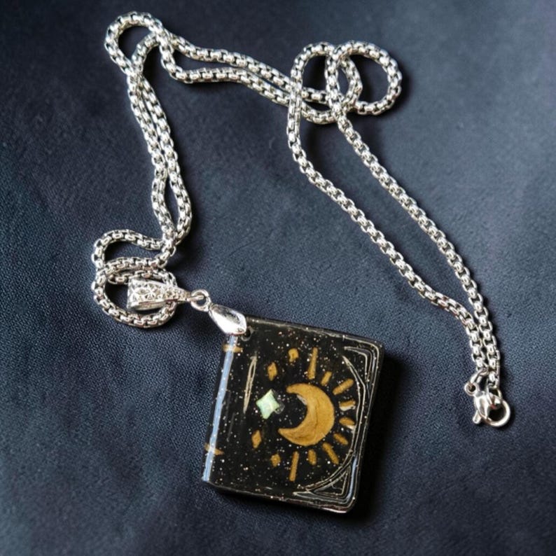 Rustic Sun & Moon Tome Pendant | Gothic Celestial Spellbook Necklace