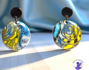 Galaxy Handmade Dangle Earrings, Unique Artisan Jewelry, Mokume Gane Polymer Clay Earrings