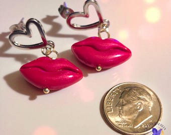 Pink Lip Statement Earrings | Pierced Lips Jewelry | Handmade Polymer Clay Heart Stud Earrings
