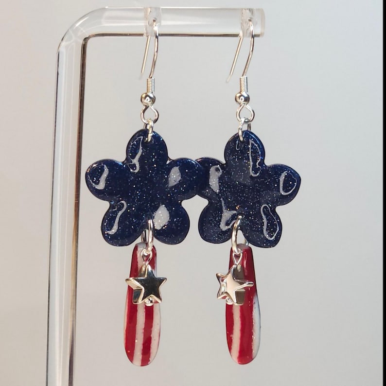 Stars & Fireflower Earrings, USA Statement Earrings, Fourth of July Jewelry, Handmade Polymer Clay