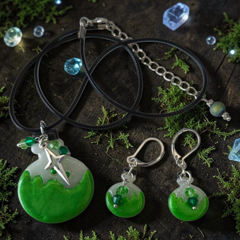 Handmade Polymer Clay Potion Necklace and Earrings Set – Fantasy Forest Magic Jewelry