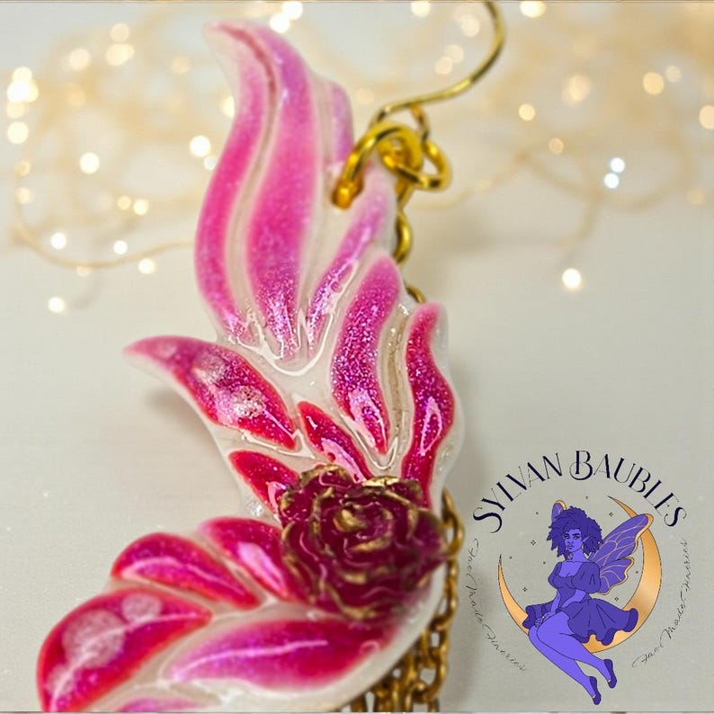 Handmade Pink Fairy Wing Earrings Polymer Clay Rose Gold Dangle Fantasy Jewelry
