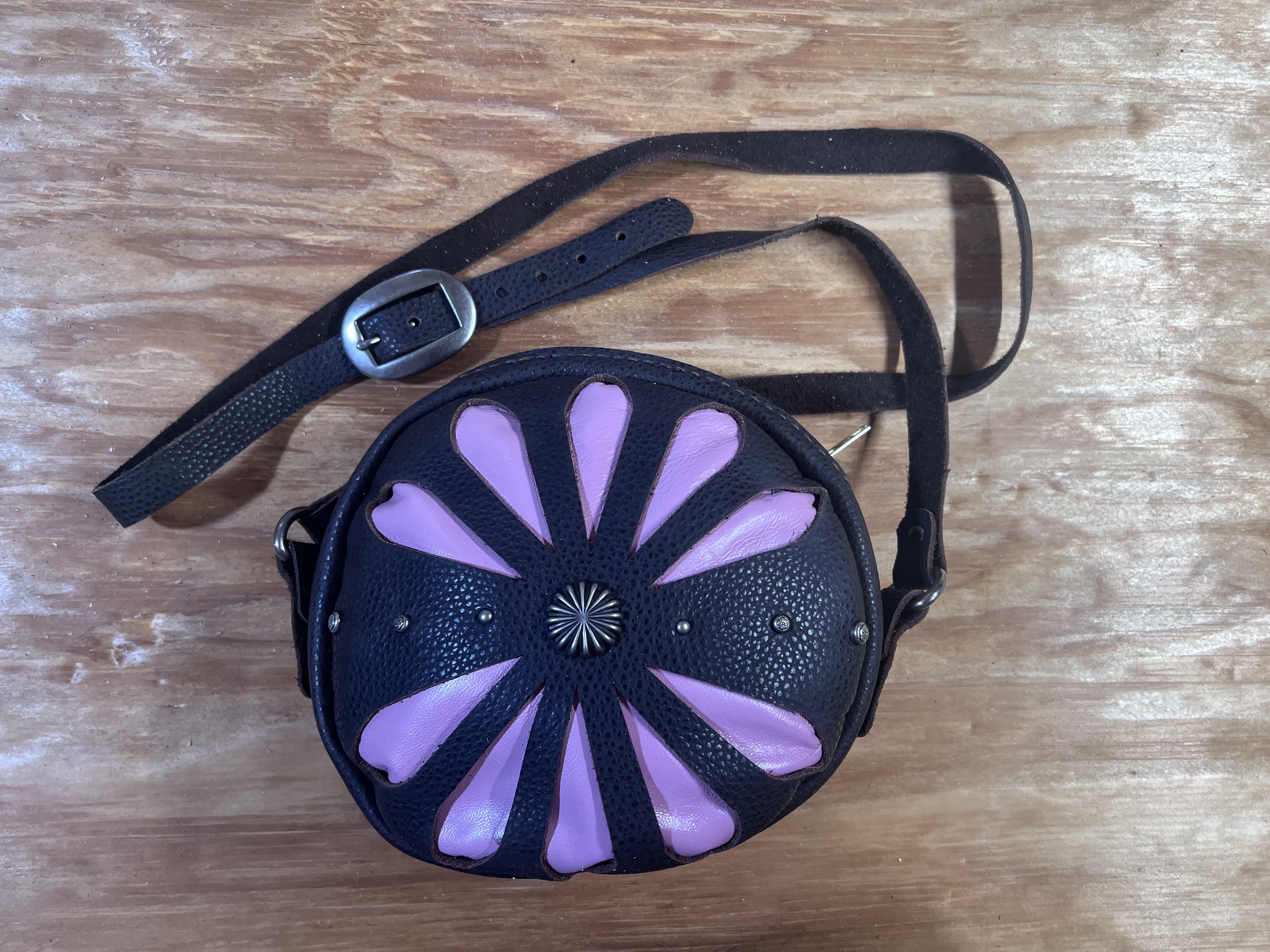 Handmade Round Leather Crossbody Purse – Dark Brown & Pink Western Style Bag with Concho Accent